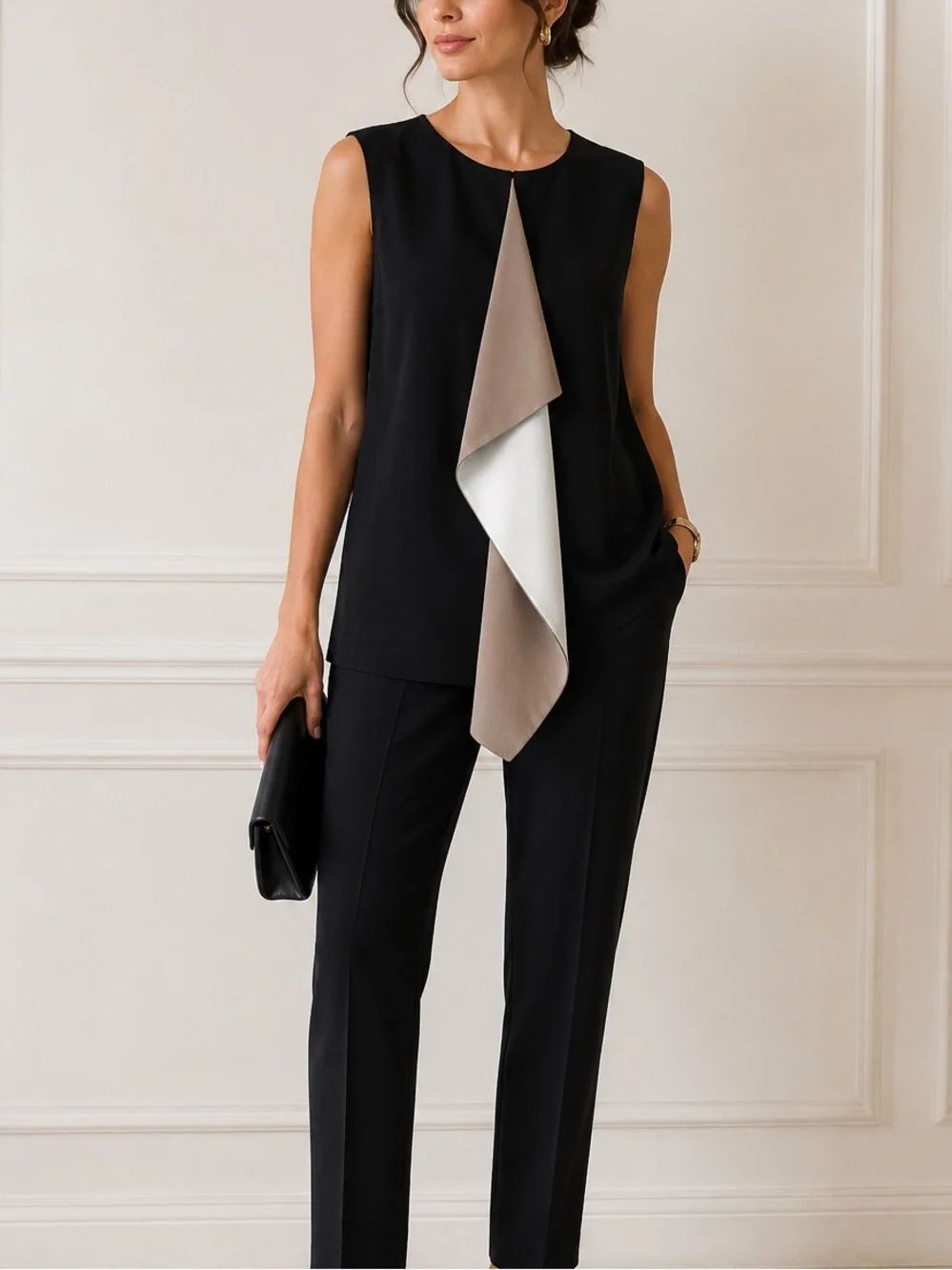 MaxMara Black Sleeveless Draped Colorblock Tunic Blouse Top Women Size M Chic